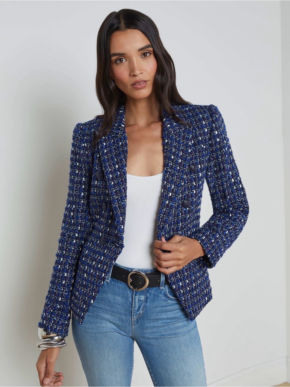 L'AGENCE Navy Tweed Open-Front Blazer